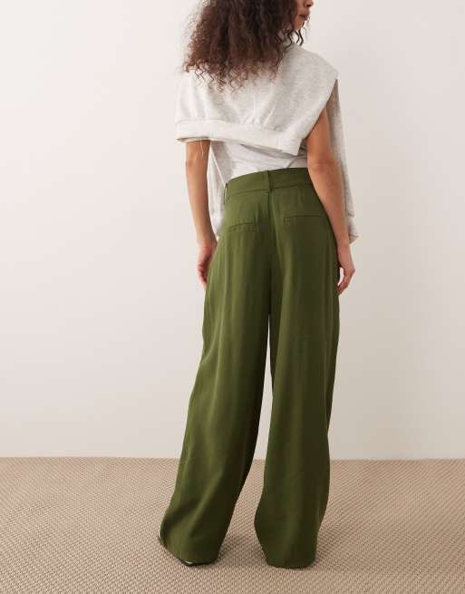 AWARE high waisted pleat front trousers in deep green, 5 of 5