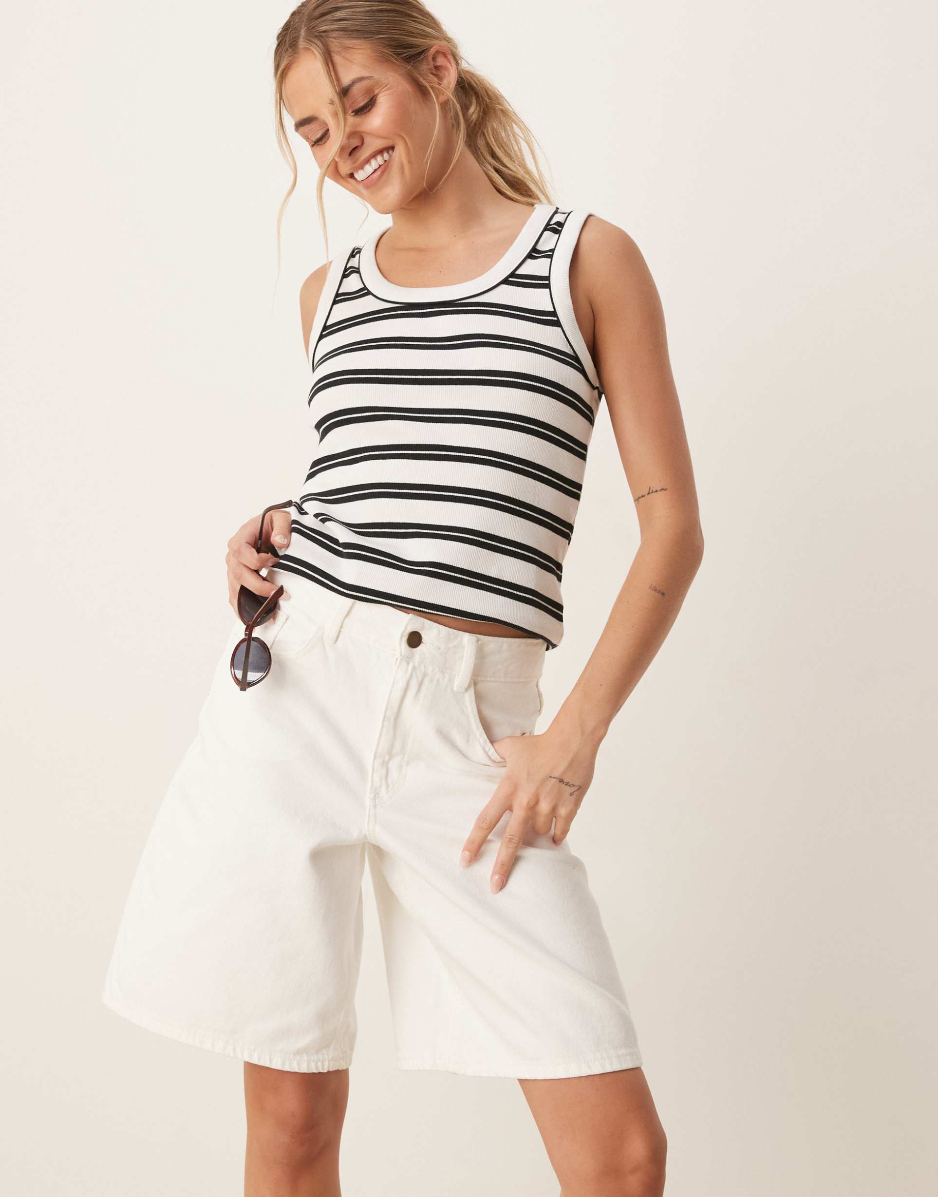aware high waisted twill shorts in off white