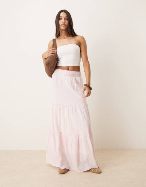 AWARE - Højtaljet og lagdelt lyserød maxinederdel i boho-stil - view 1