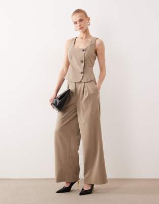 AWARE - Hose in meliertem Beige mit hohem Bund, weitem Bein und tiefen Bundfalten, Kombiteil-Neutral