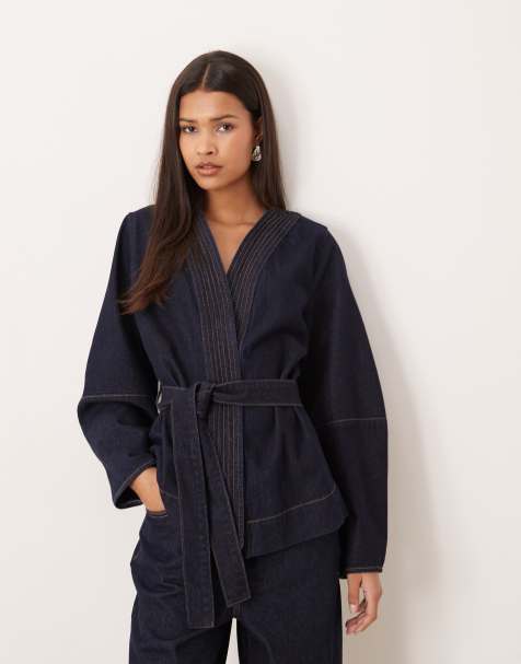 AWARE - Indigoblå overdel i rå denim med slå-om-design foran og bælte - Del af sæt - view 1