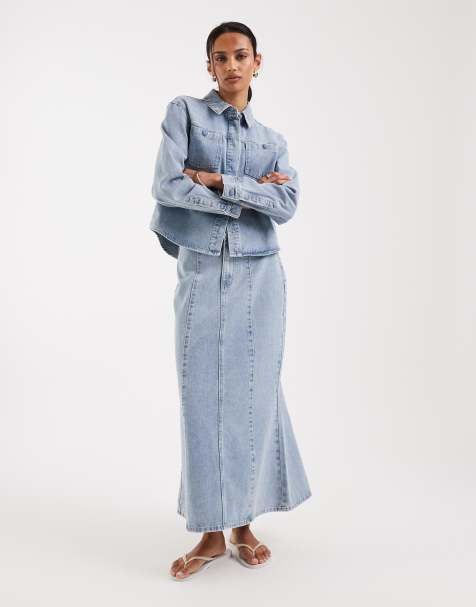 AWARE seam front ankle length skirt co-ord in light blue denim