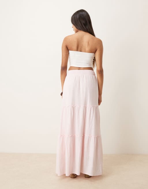 AWARE – Jasnoróżowa warstwowa spódnica maxi z podwyższonym stanem w stylu boho, 3 z 5
