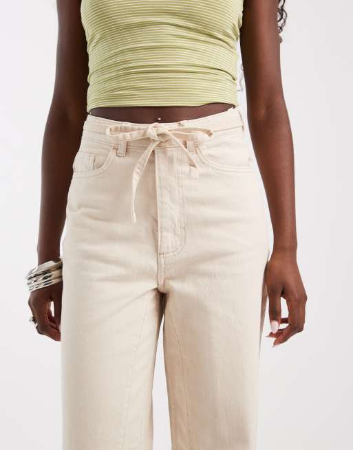 AWARE jeans med bindebælte og brede ben i ecru, 4 af 5