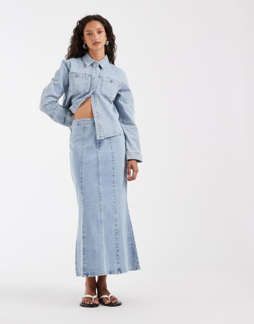 AWARE - Jupe longueur cheville à coutures apparentes sur le devant - Denim bleu clair, 3 de 5