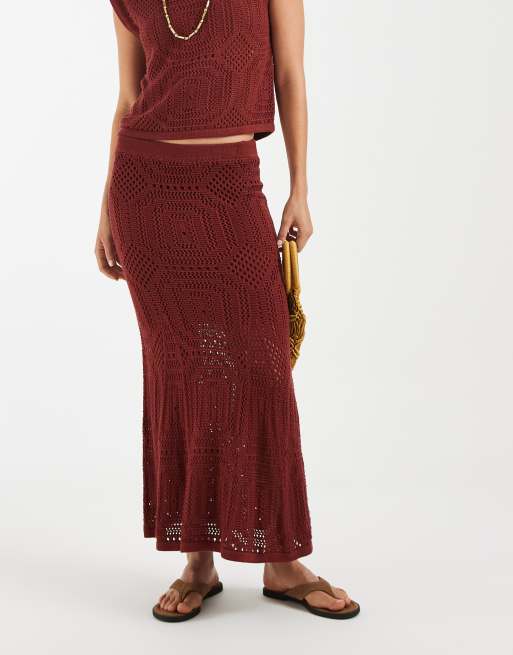 AWARE - Jupe mi-longue d'ensemble à taille mi-haute au crochet à motif - Terracotta, 2 de 5
