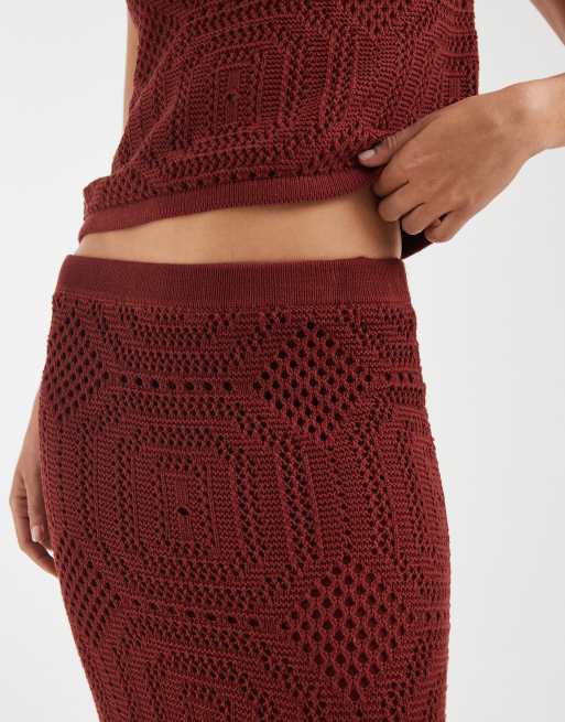 AWARE - Jupe mi-longue d'ensemble à taille mi-haute au crochet à motif - Terracotta, 3 de 5