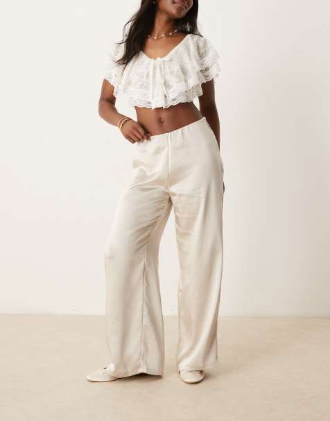AWARE wide leg satin pull on trousers in stone