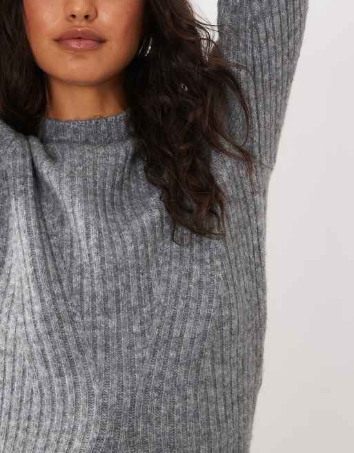 AWARE klänning i stickad kvalitet med hög krage och långa ärmar, mini, medium grey melange, 3 av 4
