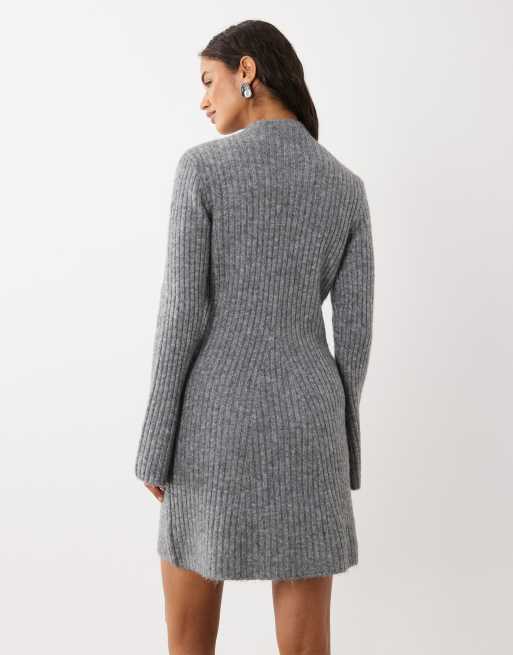 AWARE klänning i stickad kvalitet med hög krage och långa ärmar, mini, medium grey melange, 4 av 4