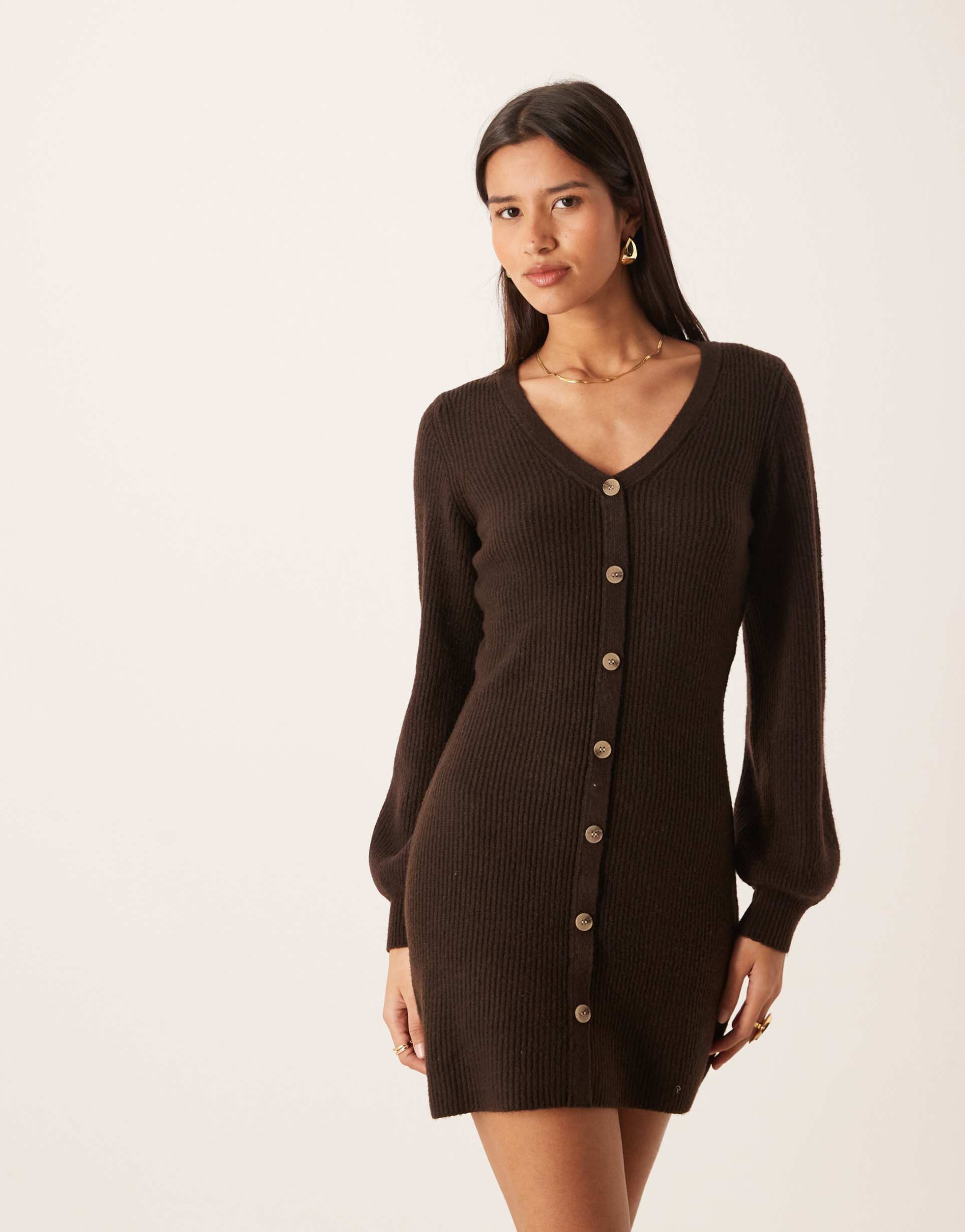 aware knit button front mini dress in chocolate