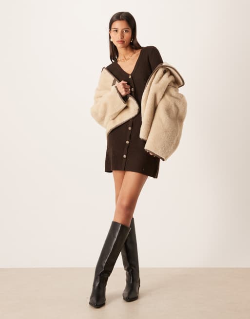 AWARE knit button front mini dress in chocolate, 2 of 4