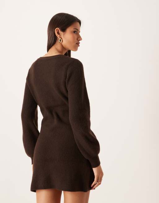 AWARE knit button front mini dress in chocolate, 3 of 4