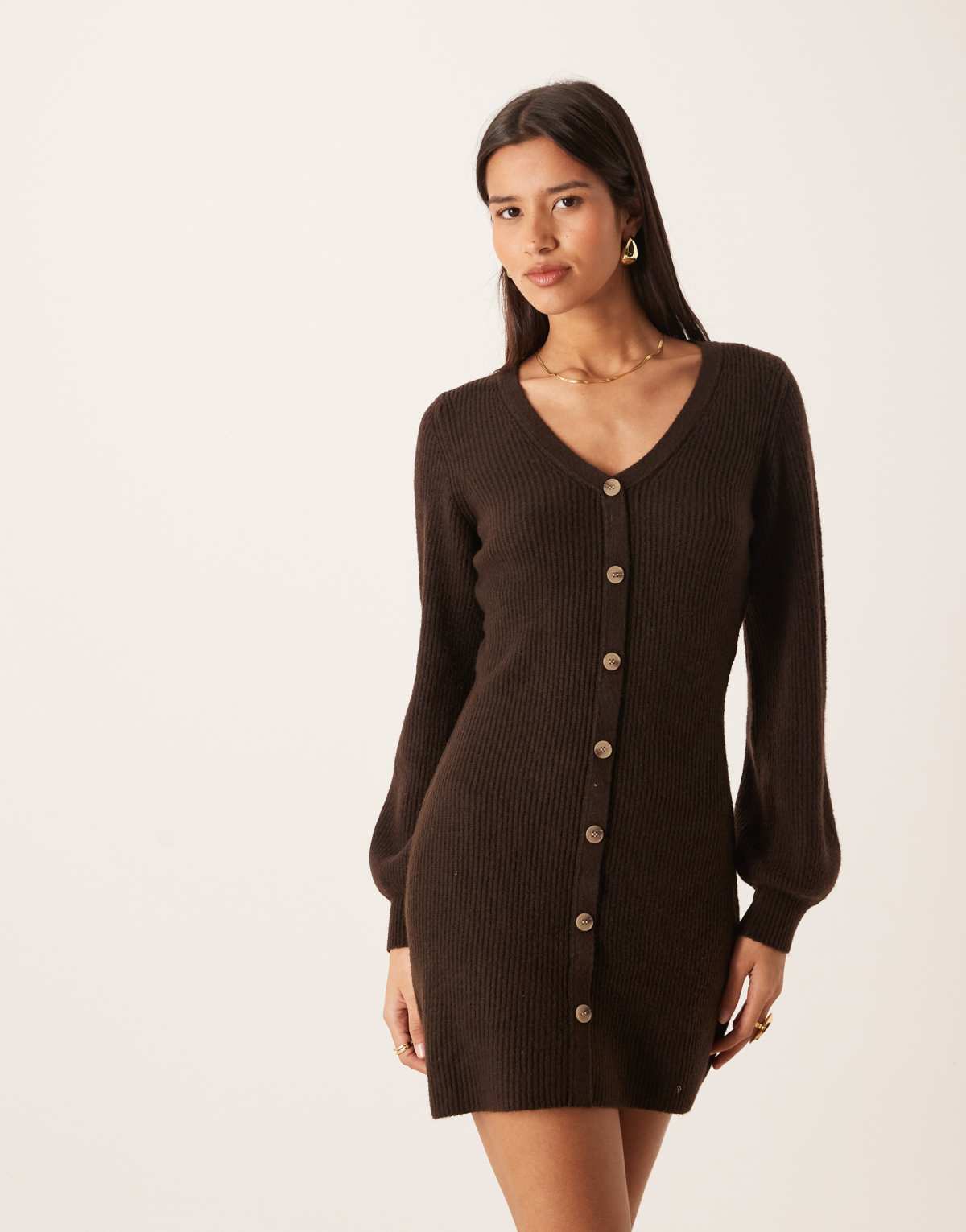 AWARE knitted button front mini dress in chocolate