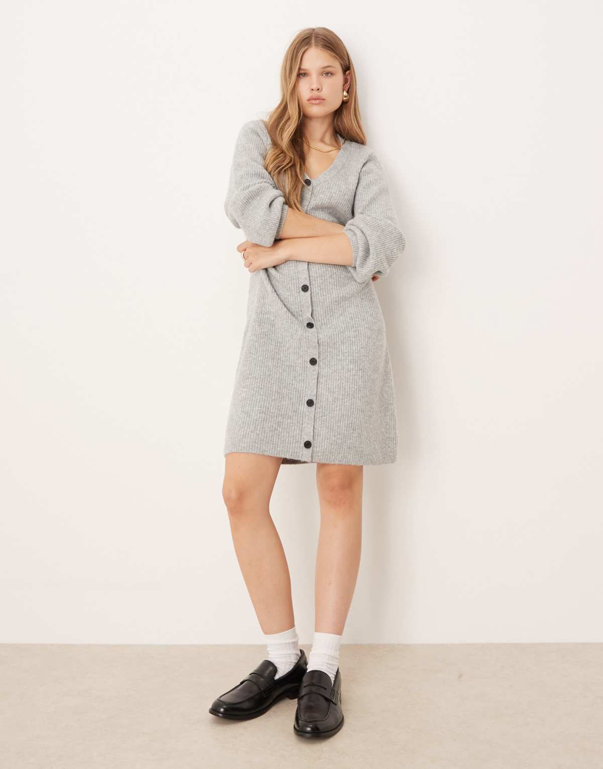 AWARE knitted button front mini dress in grey marl