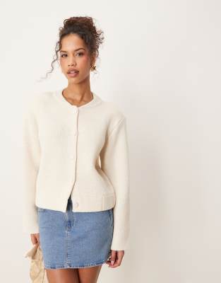 knitted buttondown bomber jacket in cream-White