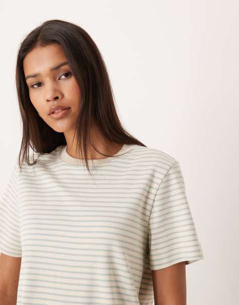 AWARE – Kremowy T-shirt w turkusowe paski - view 1