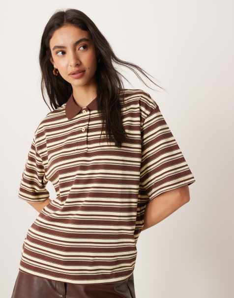 AWARE – Kurzärmliges Poloshirt mit braunen und gelben Streifen - view 1