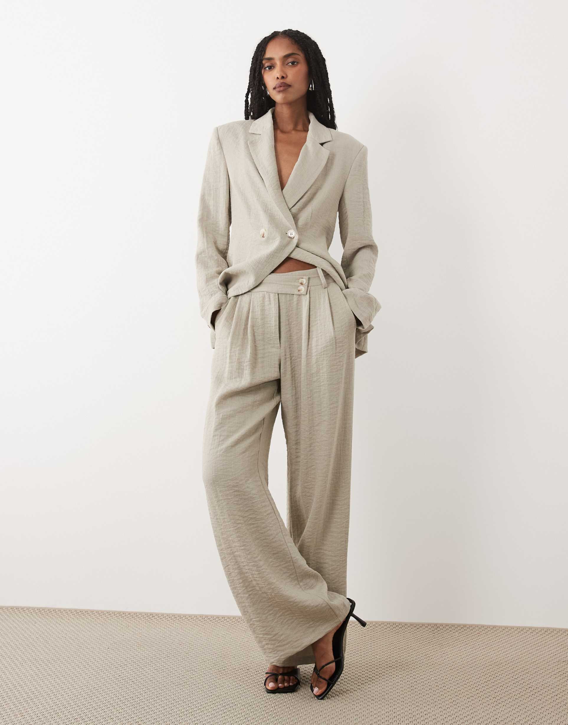 aware linen blend mid rise wide leg pants in neutral - part of a set