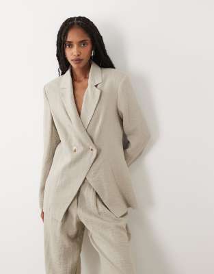 Aware Linen Blend One-button Asymmetric Blazer In White