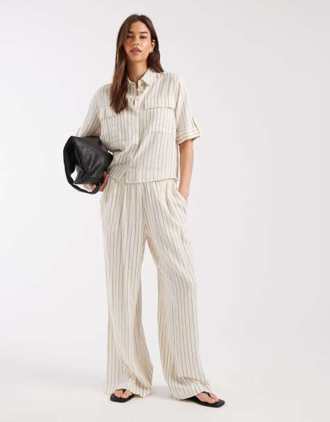 AWARE linen blend sleeve detail safari shirt and wide leg pants set in white and black stripe - view 1