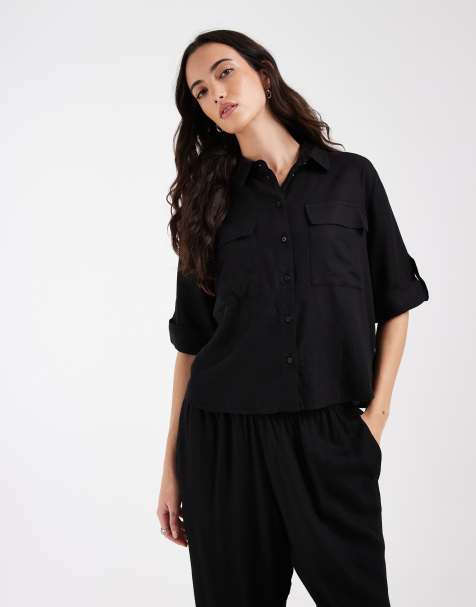 AWARE linen blend sleeve detail safari shirt co-ord in black - view 1