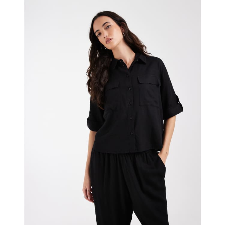 トップス BLACK BRICK Dry Active Safari Shirt L AWARE linen blend sleeve detail safari shirt in black - part of a