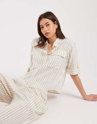 AWARE linen blend sleeve detail safari shirt in white and black stripe - part of a set snow white/ black