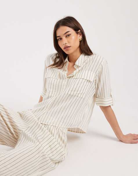 AWARE linen blend sleeve detail safari shirt in white and black stripe (part of a set) - view 1