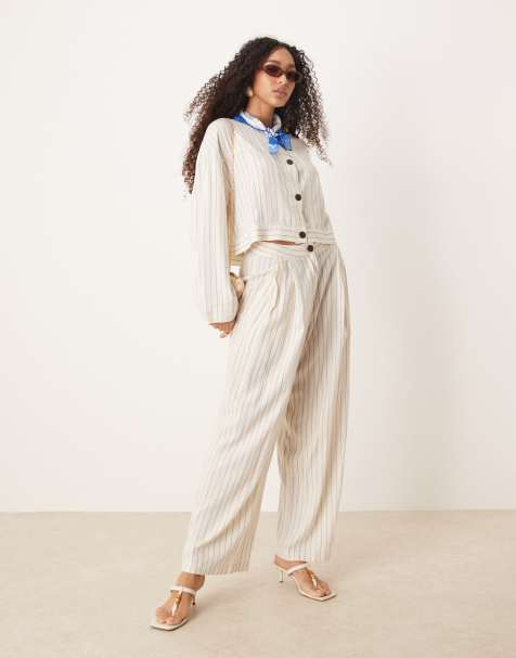 AWARE linen touch button down top and wide leg pants set in white pinstripe - view 1