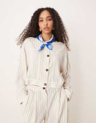AWARE AWARE linen touch buttondown top co-ord in white pinstripe-Blue