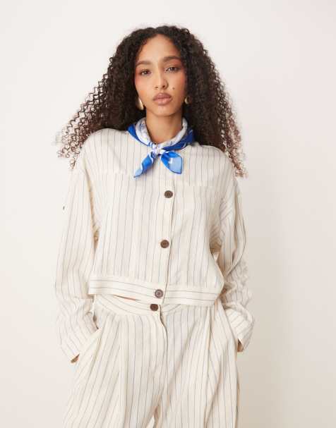 AWARE linen touch buttondown top co-ord in white pinstripe - view 1