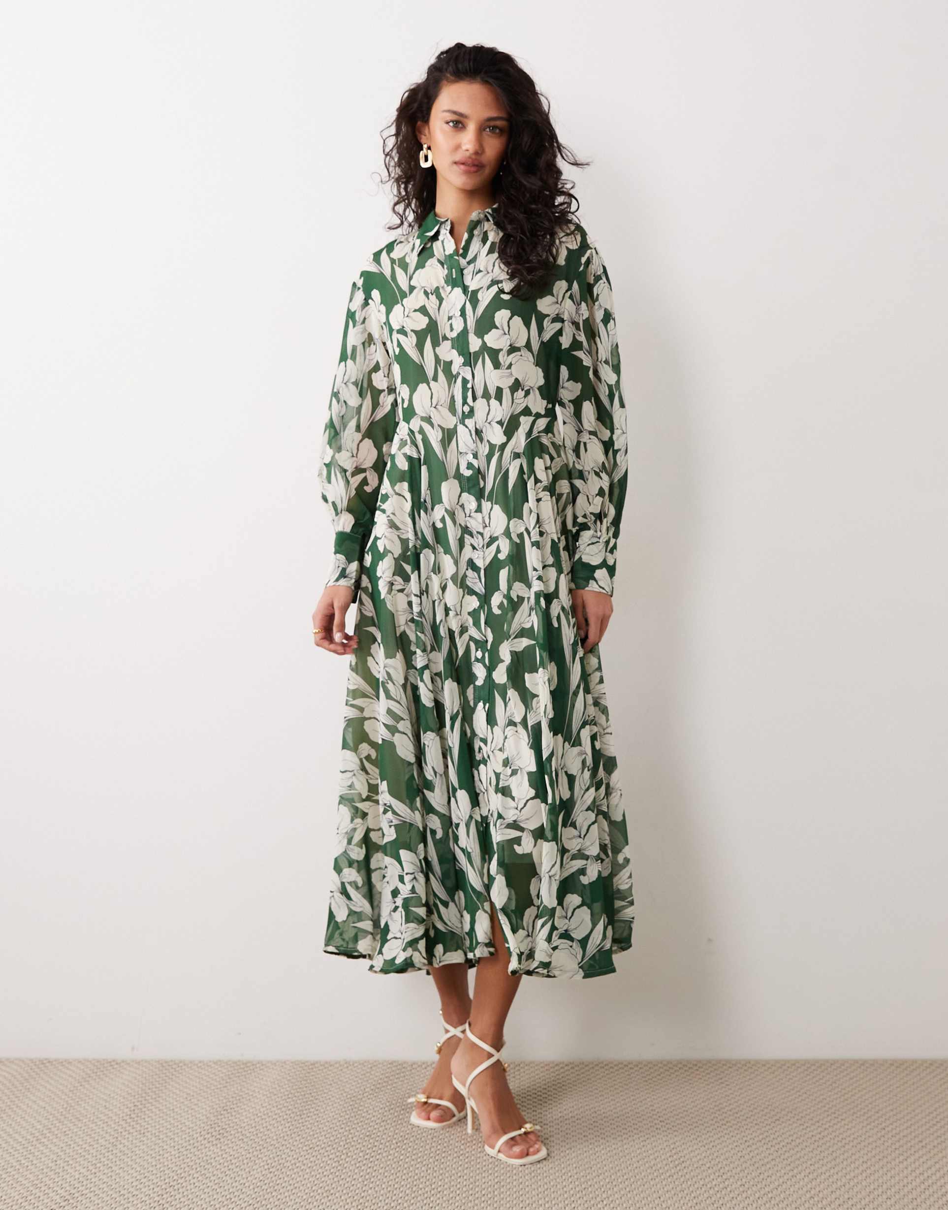 aware long sleeve maxi shirt dress in green floral print