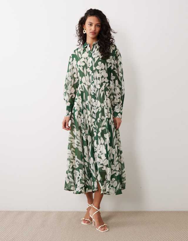 AWARE long sleeve maxi shirt dress in green floral print | ASOS