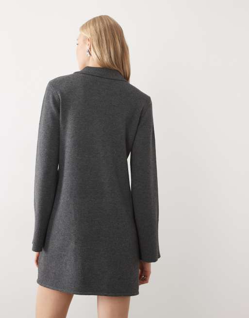 AWARE long sleeve polo neck knitted mini dress in dark grey melange, 4 of 4