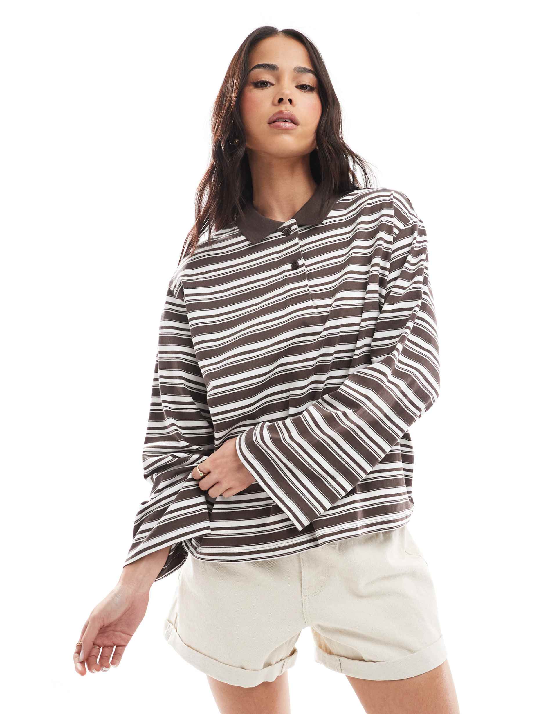 aware long sleeve polo top in chocolate brown stripe