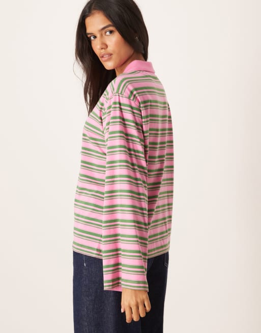 AWARE long sleeve polo top in green & pink stripe