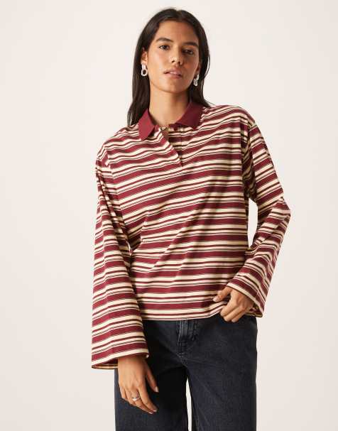 AWARE long sleeve polo top in yellow & burgundy stripe - view 1