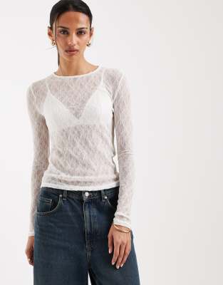 Aware Long Sleeve Round Neck Sheer Lace Top In White
