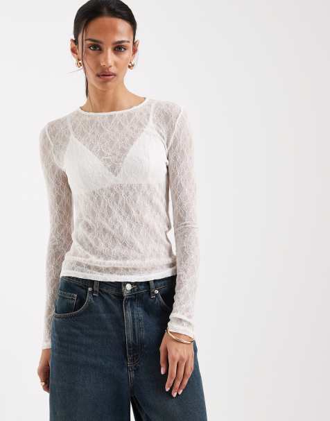 AWARE long sleeve round neck sheer lace top in white - view 1