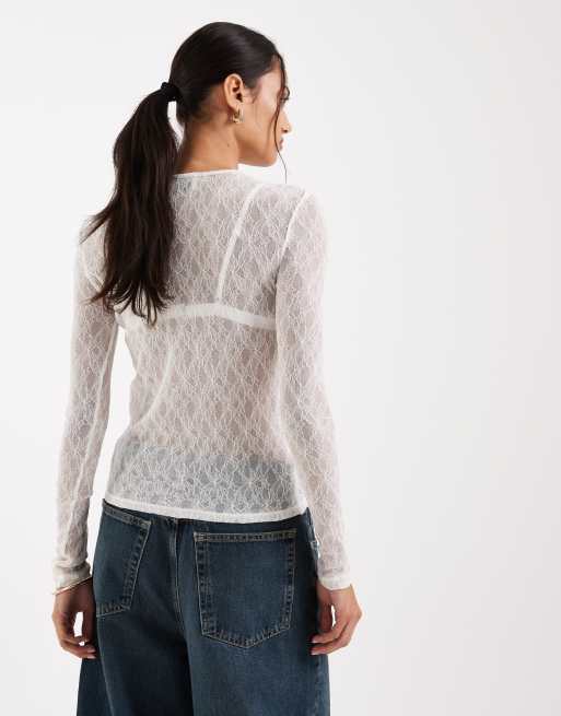 AWARE long sleeve round neck sheer lace top in white, 4 of 4