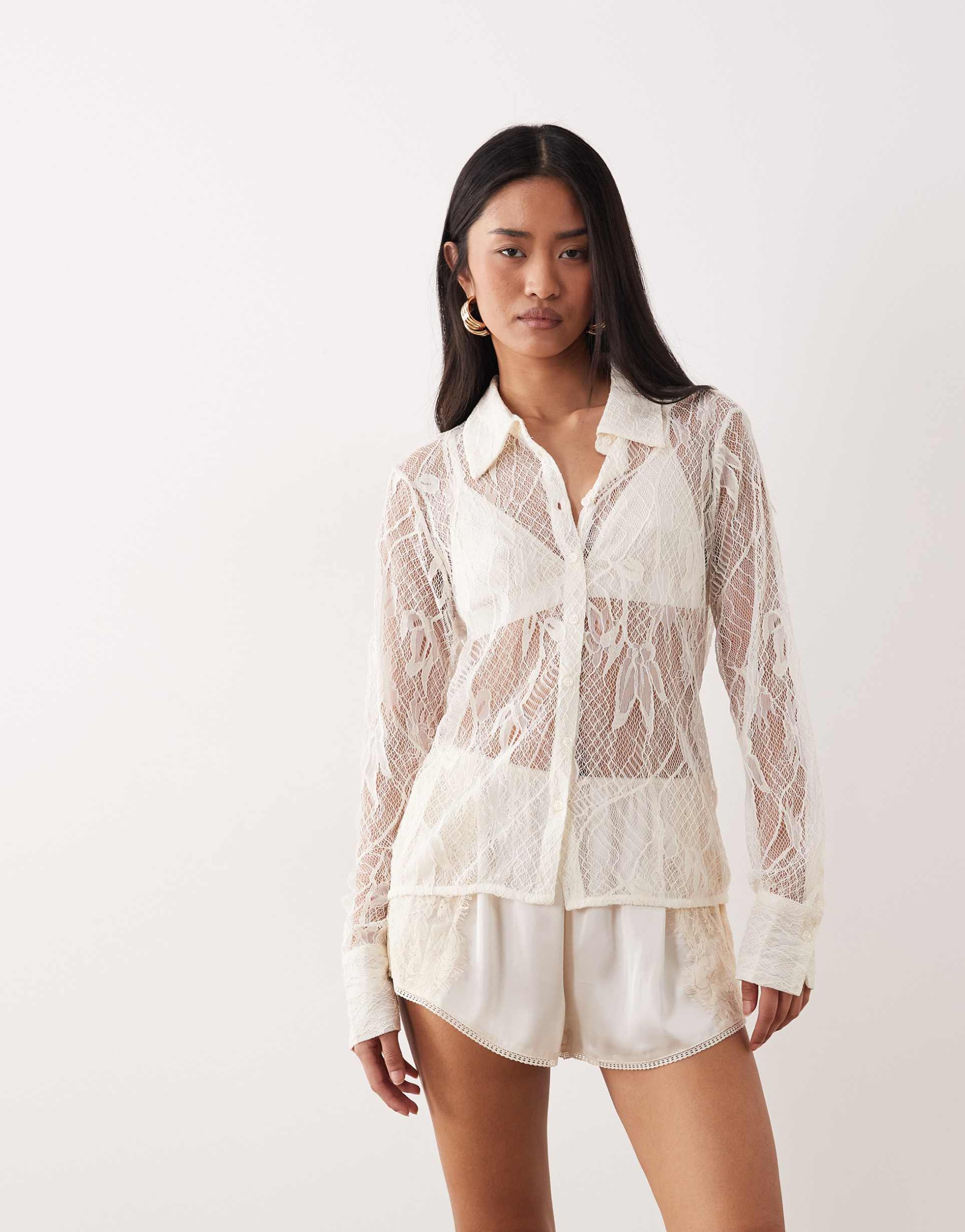 aware long sleeve sheer lace shirt in white