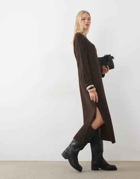 AWARE long sleeve v-neck knitted maxi dress in chocolate brown - view 1