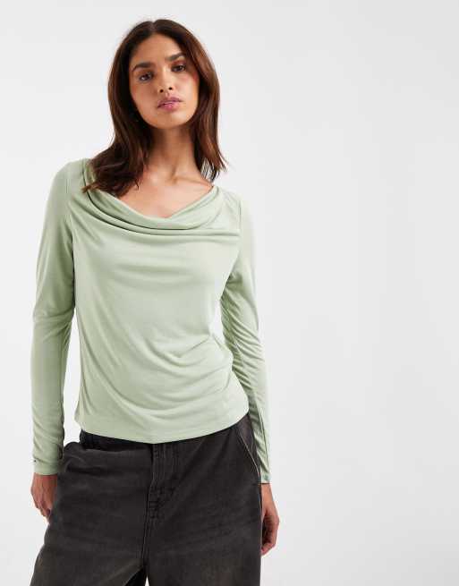 AWARE long sleeved cowl neck top in herb green, 2 of 4