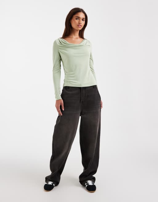 AWARE long sleeved cowl neck top in herb green, 3 of 4