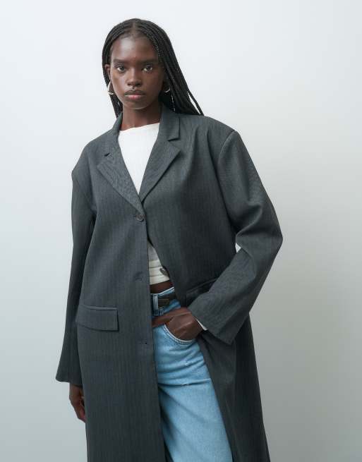 AWARE longline blazer coat in dark gray herringbone, 2 of 4