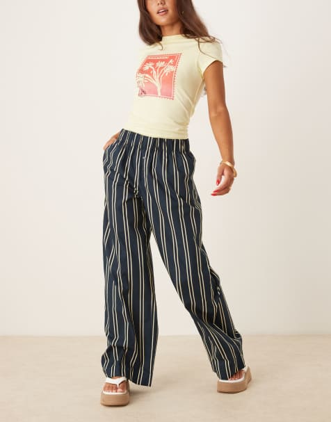 AWARE - Marineblå bukser med boksershortskant, vide ben og cremehvide striber i poplin - view 1