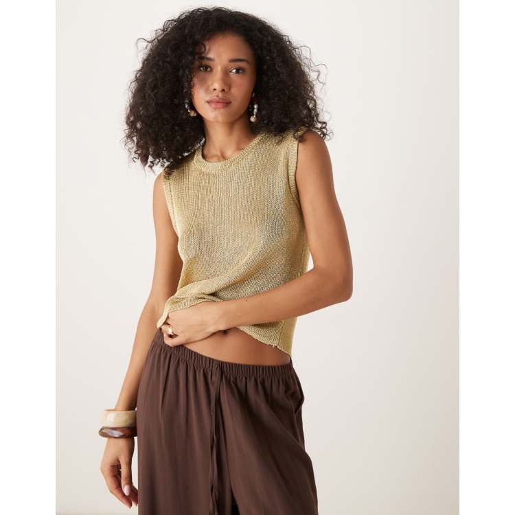 AWARE metallic open knit tank top in gold | ASOS