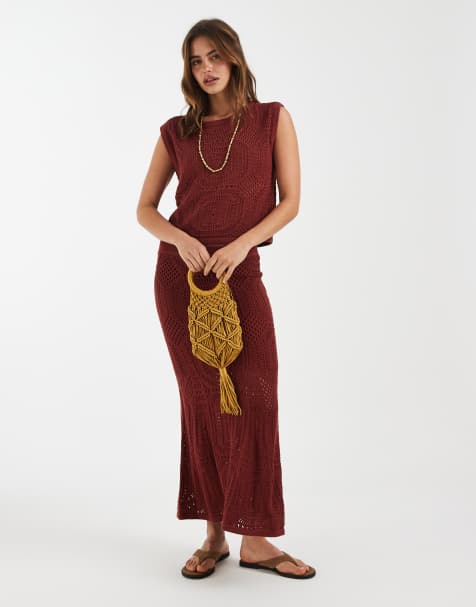 AWARE mid rise patterened crochet midi skirt and boatneck tank top set in terracotta - view 1