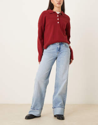 Aware Mid Rise Wide Leg Jeans With Turn Up In Blue